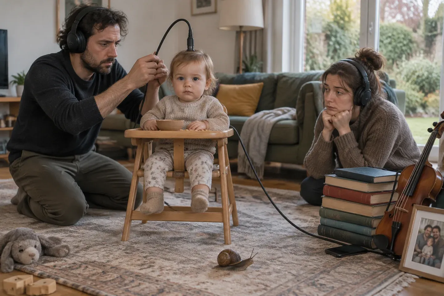 Exhausted parents cable a pile of books into a toddler in a high chair.