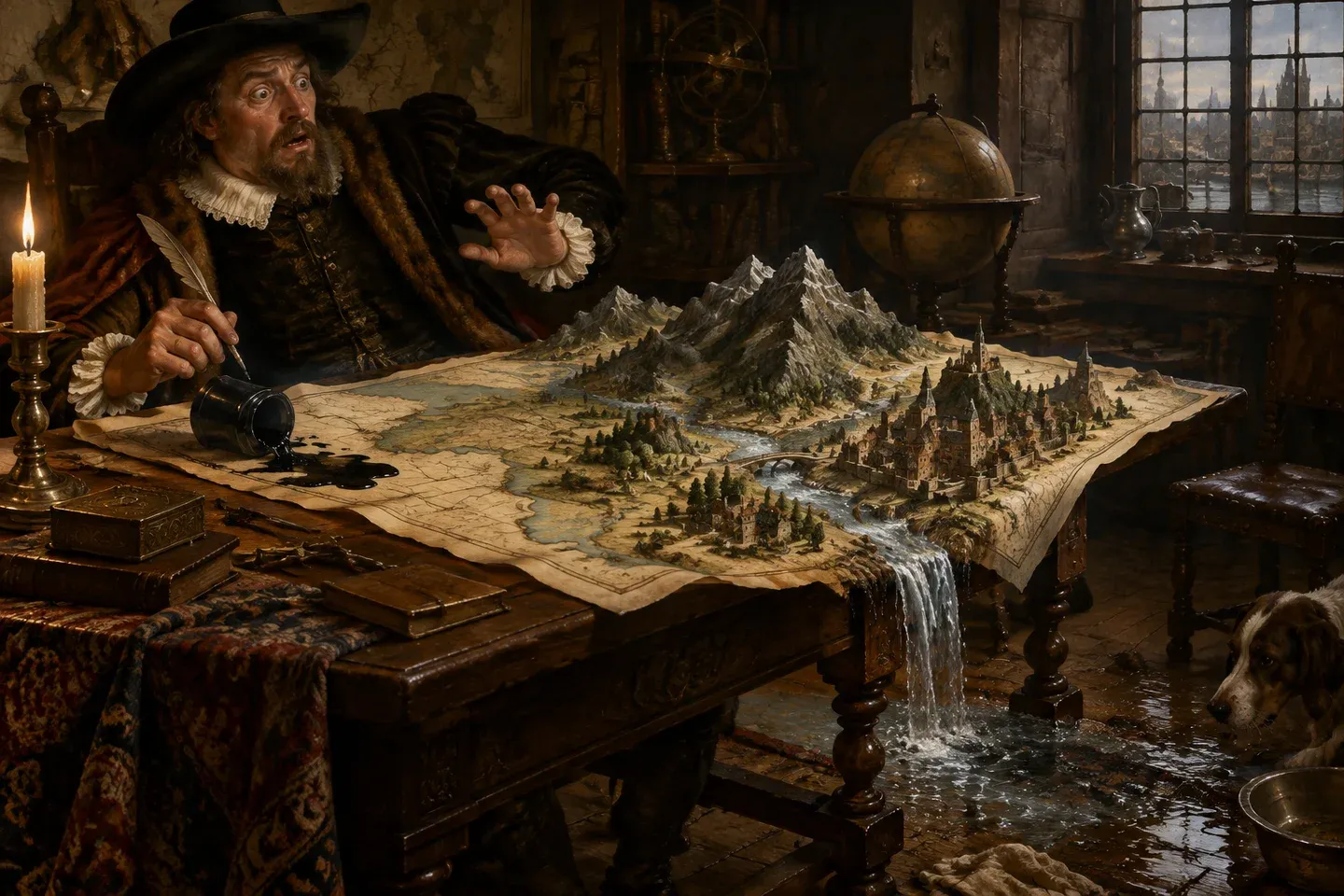An old cartographer recoils as mountains and rivers erupt from his map.