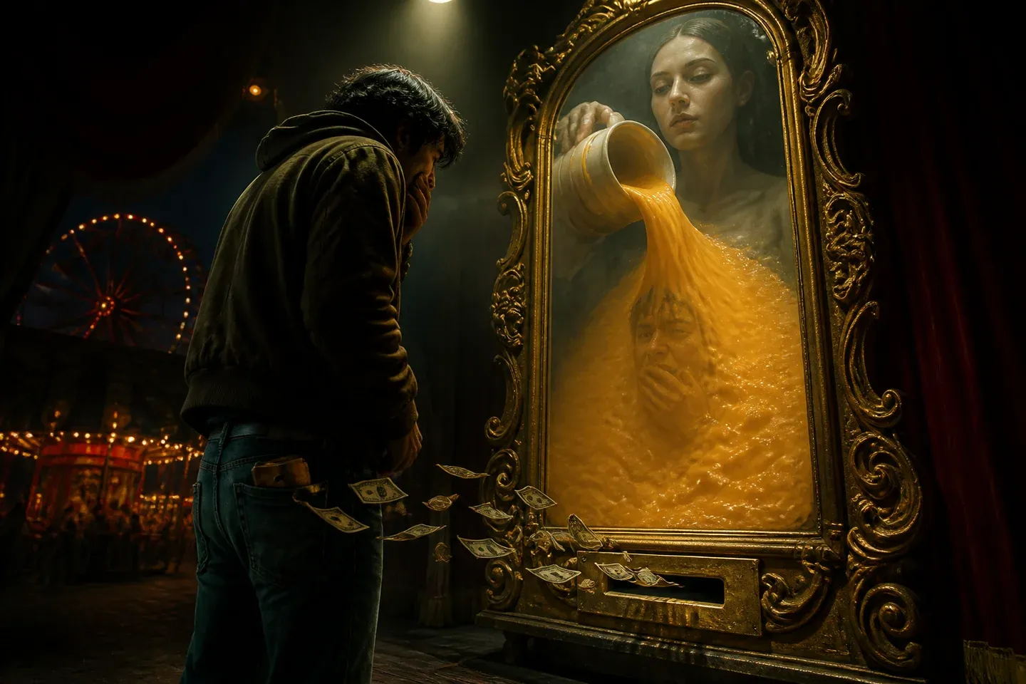 Ornate carnival mirror reflects cheese pour while coins leave a viewer’s pocket.